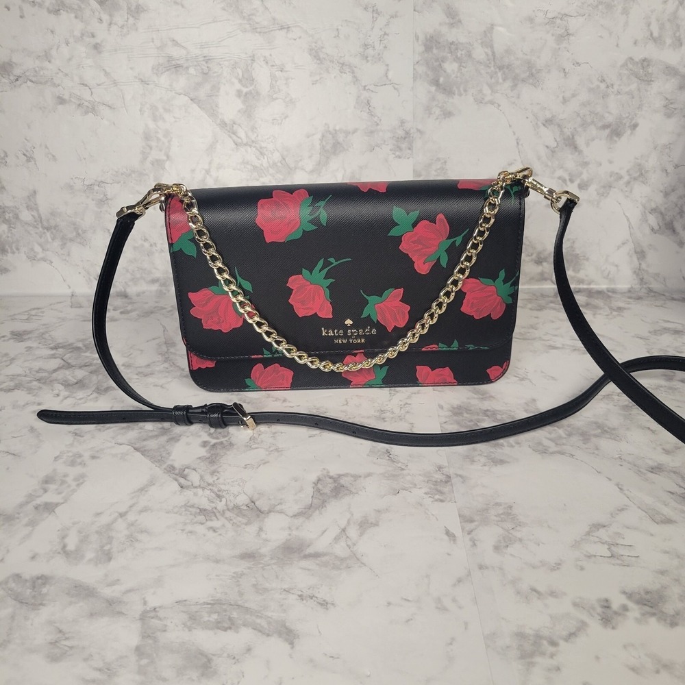 Kate Spade‎ New York Rose Print Saffiano Leather Crossbody Bag Black Red Floral